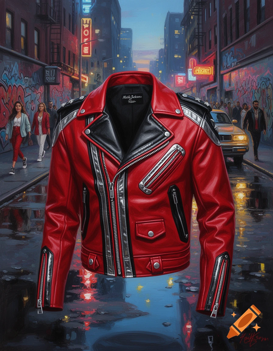 A red and black leather jacket floats on a wet, neon-lit city street with blurred figures and a taxi in the background, in a painterly style.