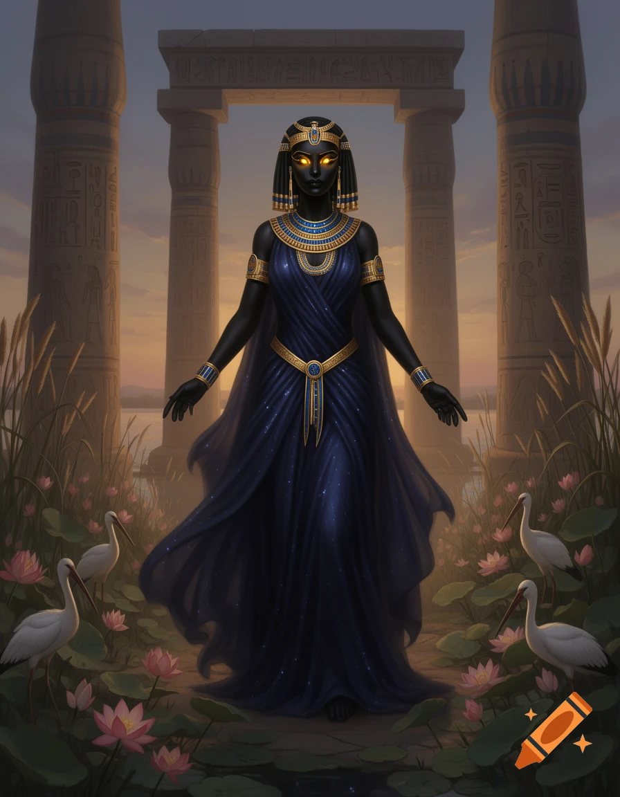 A dark-skinned Egyptian goddess with glowing eyes, wearing a blue dress and gold jewelry, stands among lotus flowers and ibises before ancient columns at sunset.