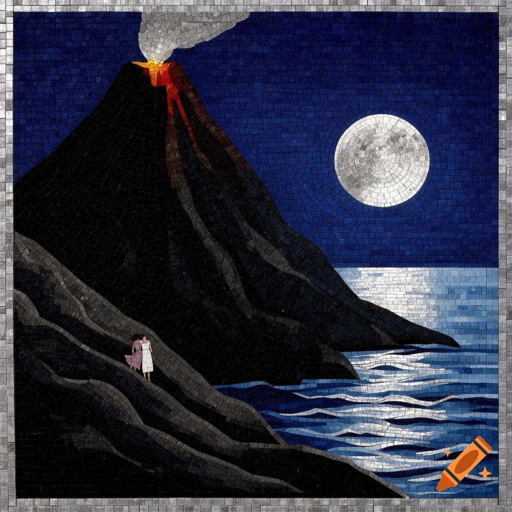 A square mosaic art depicts an erupting volcano, two small figures on its slopes, a full moon over a moonlit sea at night.