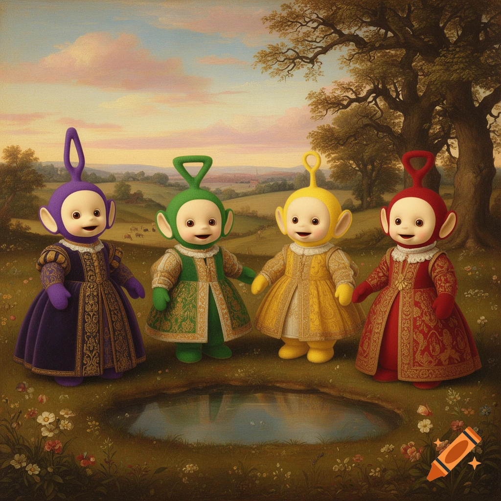 Four Teletubbies in elaborate Renaissance-style gowns stand in a green field with a pond, painted in a classical art style.