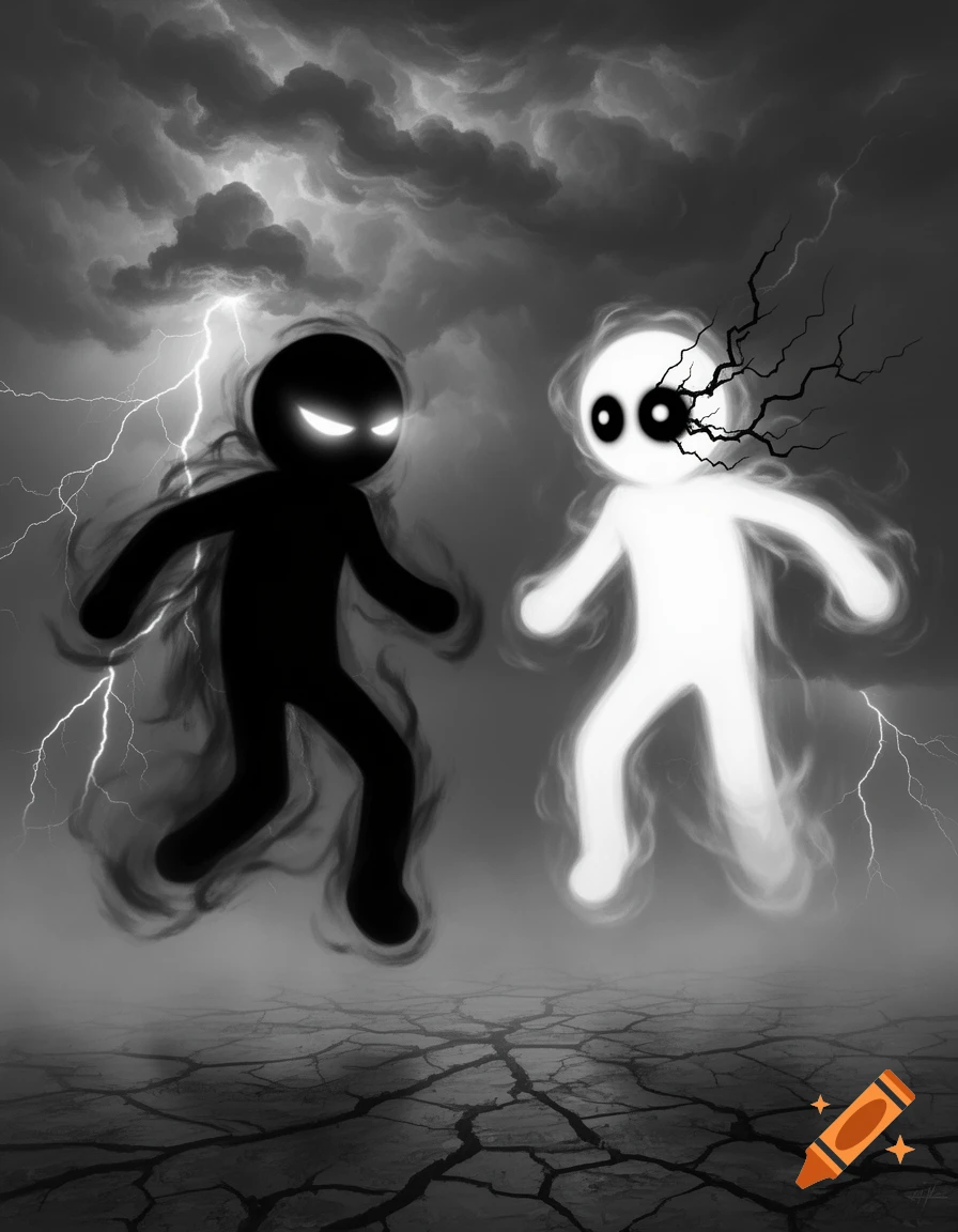 Two stylized stick figures, one black with glowing white eyes and one white with black eyes and black cracks, float over cracked ground under a stormy, thundering sky.
