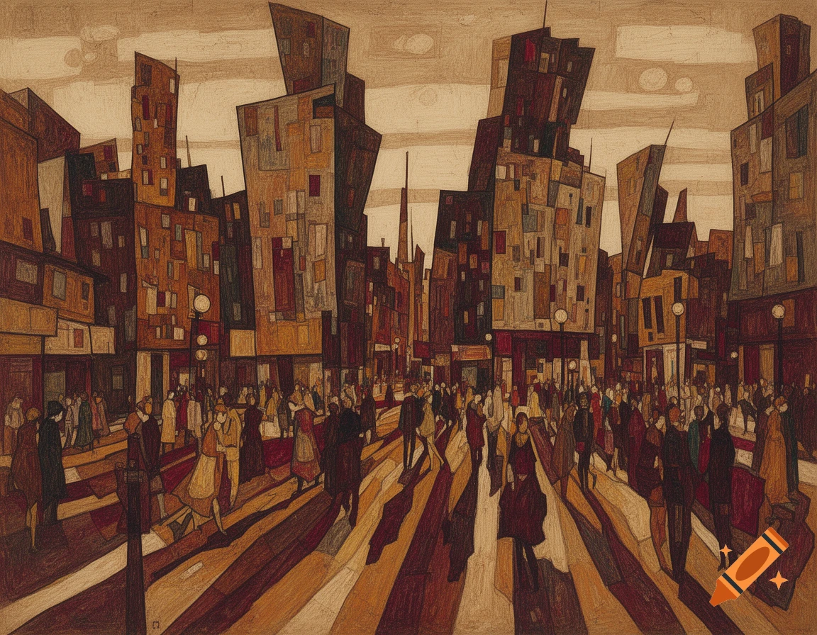 Expressionistic painting of a crowded urban street with angular buildings and stylized figures.