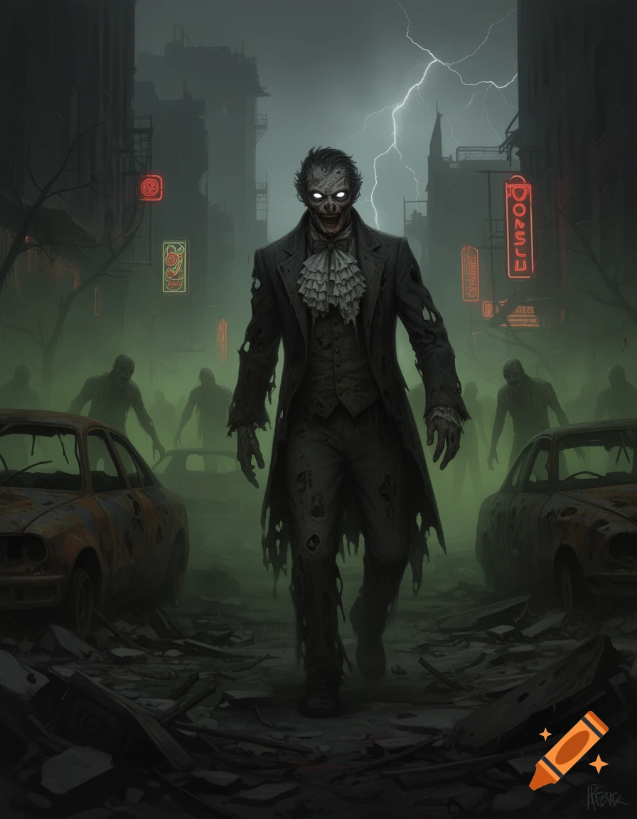 A zombie-like figure in a torn suit with glowing eyes walks through a ruined city filled with zombies and abandoned cars under a stormy sky.