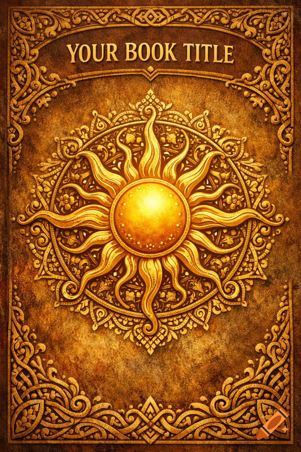 A golden book cover featuring an ornate sun design in a Slavic style, with the text "YOUR BOOK TITLE" at the top.