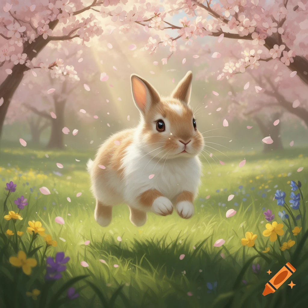 A cute, fluffy brown and white rabbit jumps happily in a grassy field with pink cherry blossom petals falling around it and colorful flowers.