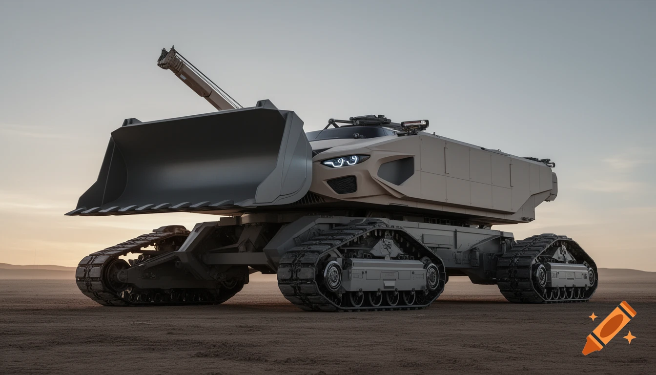 Photorealistic image of a futuristic tan military-industrial vehicle with a large front scoop and crane arm on a desert.