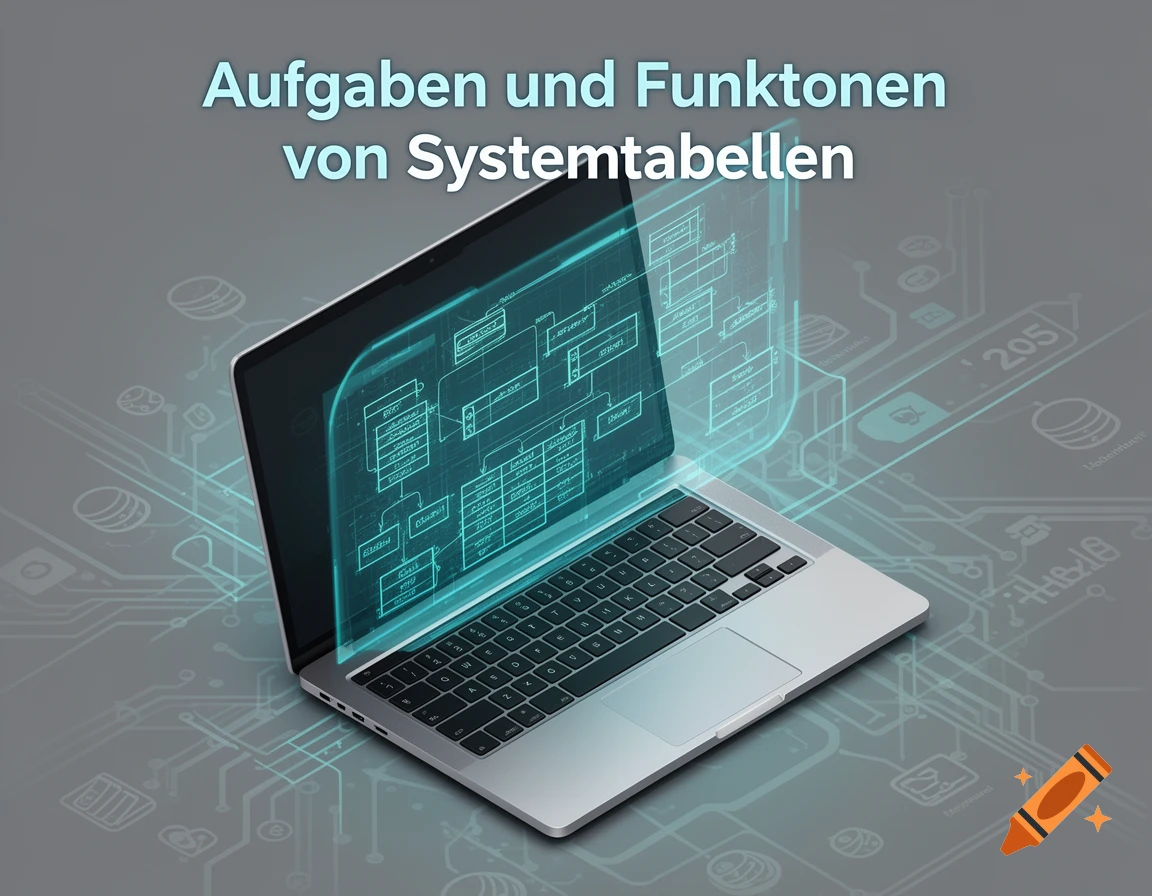 A laptop projects a glowing blue holographic diagram of database system tables, with the title 'Aufgaben und Funktionen von Systemtabellen'.