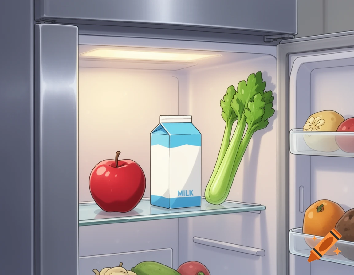 A cartoon-style open refrigerator with an apple, a milk carton labeled 'MILK', and celery on the top shelf.