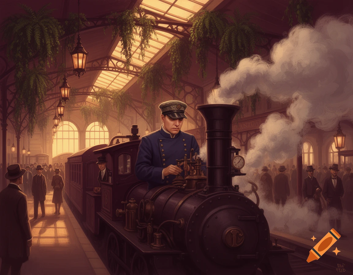A man in a blue uniform stands on a vintage steam locomotive in a grand, vaulted train station with hanging plants and other passengers on the platform.