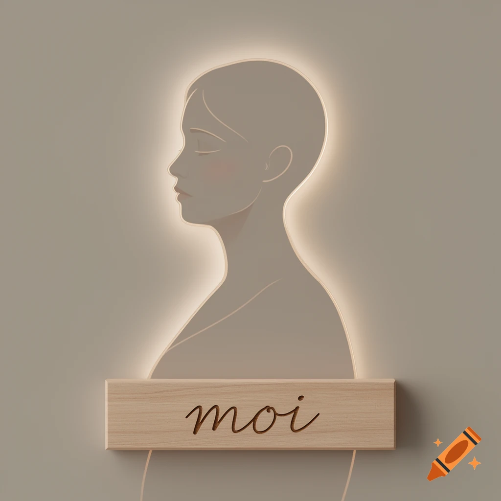 Minimalist illustration of a serene woman's bust in profile, with a glowing outline and 'moi' carved on a wooden block below.