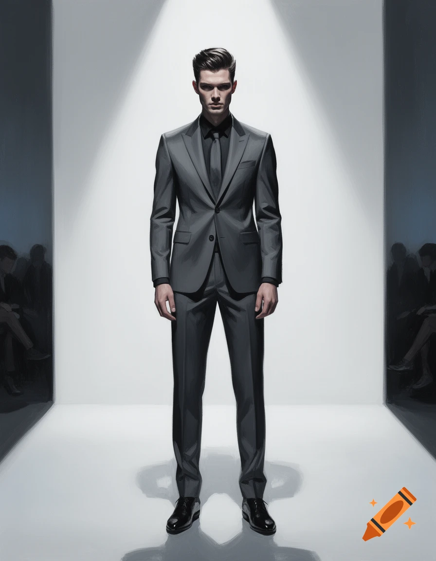 A male model in a dark gray suit and black tie stands on a brightly lit runway, looking directly ahead.