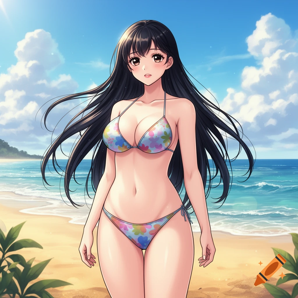 Anime woman with long black hair in a floral bikini stands on a sunny beach with ocean waves in the background.