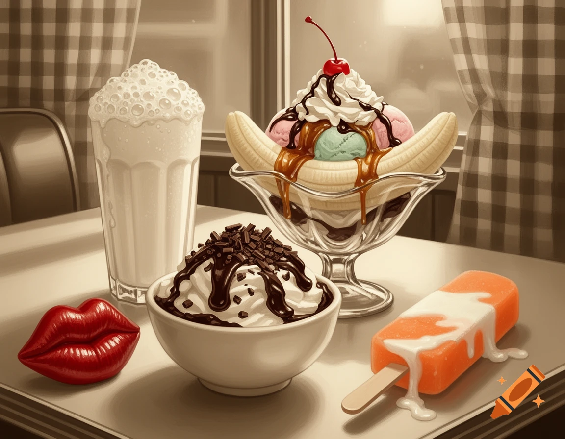An illustration of a banana split, an egg cream, a vanilla fudge sundae, wax lips, and an orange cream pop on a diner table.