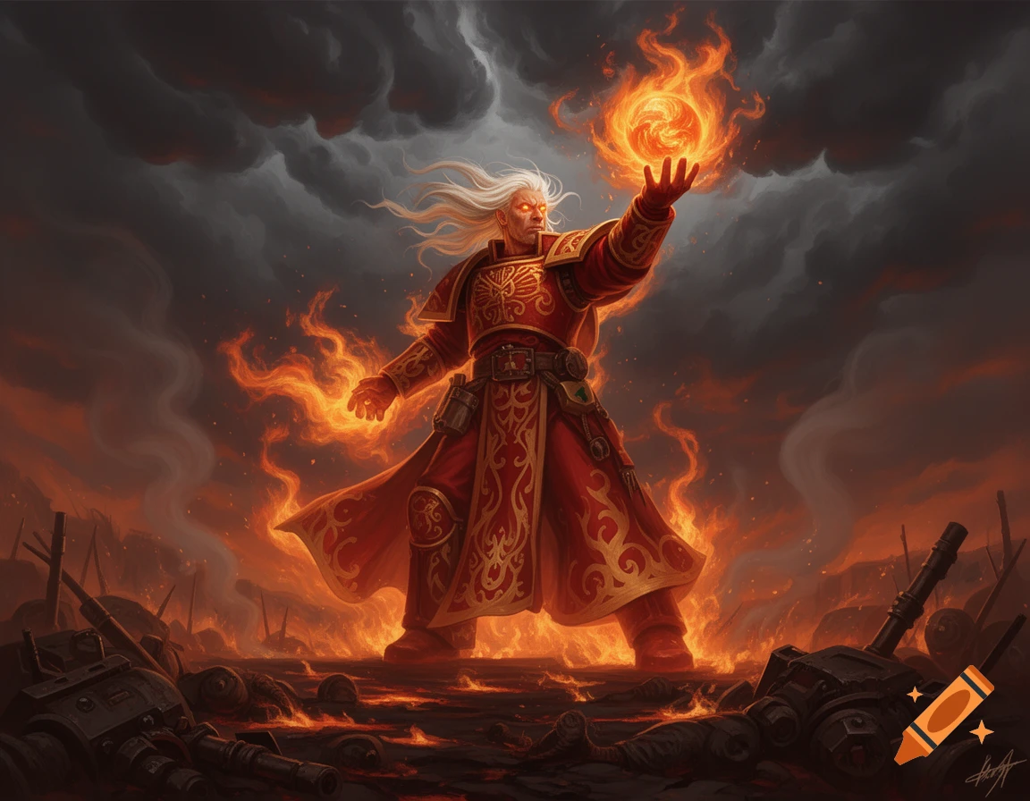 A white-haired pyromancer in red and gold armor stands on a burning battlefield, conjuring fire under a stormy sky.