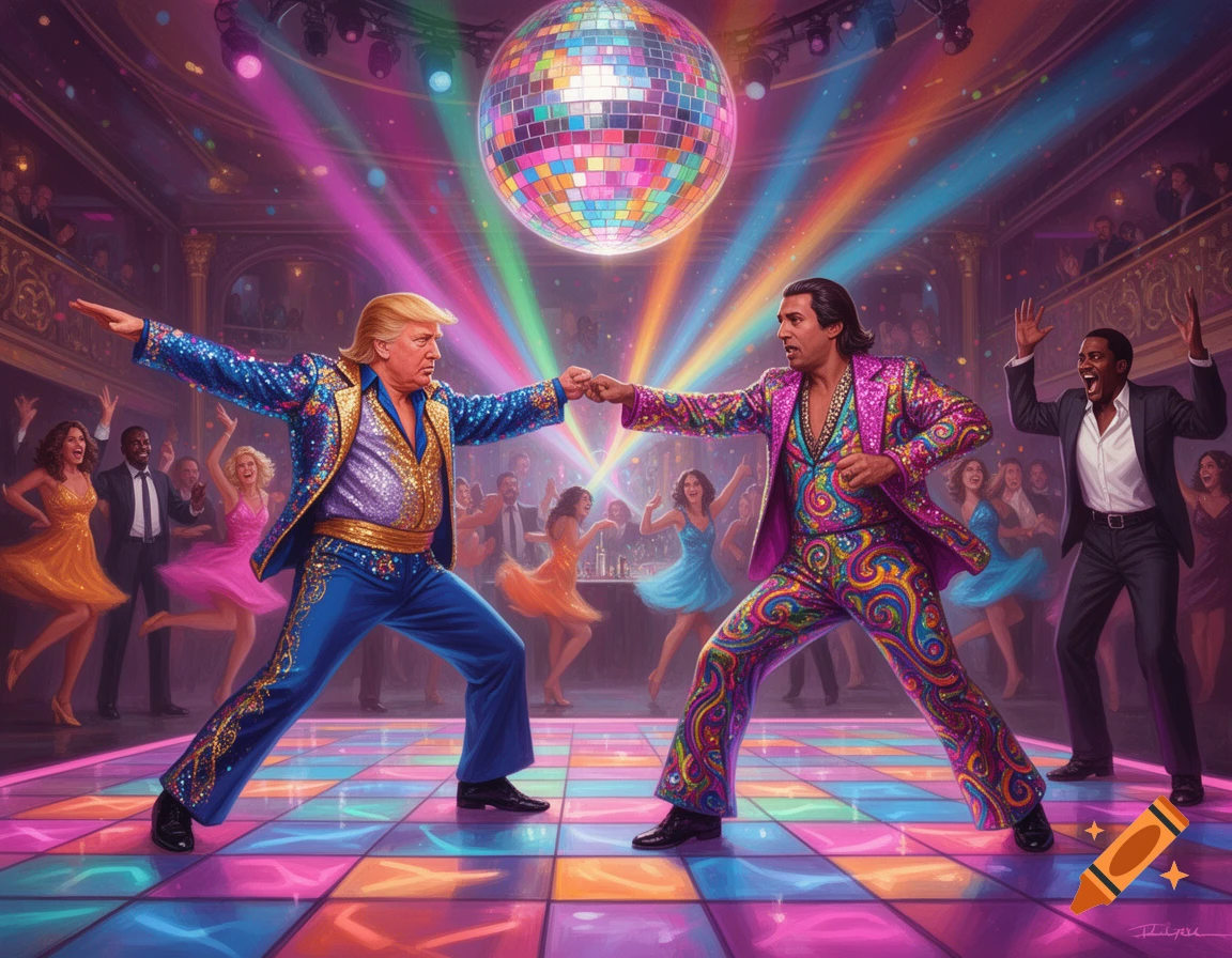 Donald Trump and another man in sparkling disco outfits strike dance poses on a colorful disco floor under a giant disco ball with rainbow lights.