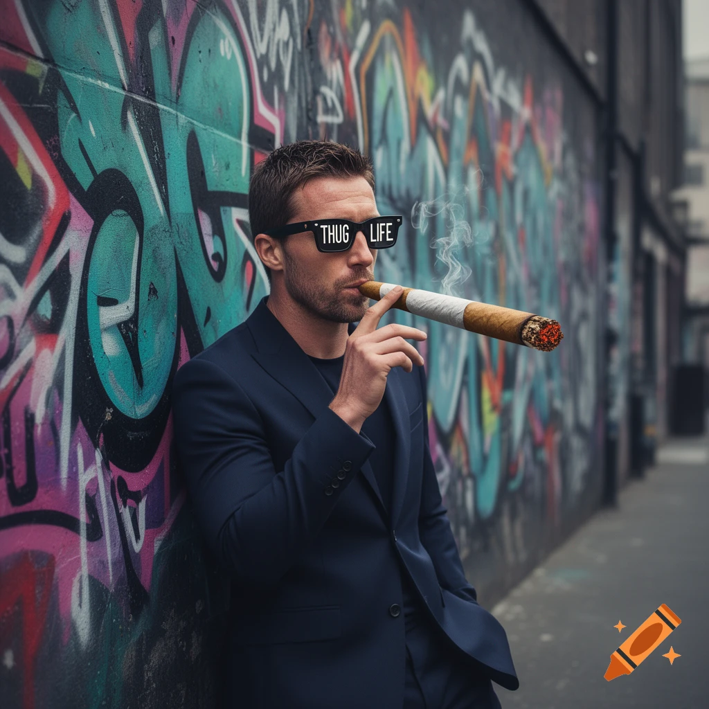 A man in a suit wearing "THUG LIFE" sunglasses smokes a large cigar, leaning against a graffiti-covered wall in an urban alley.