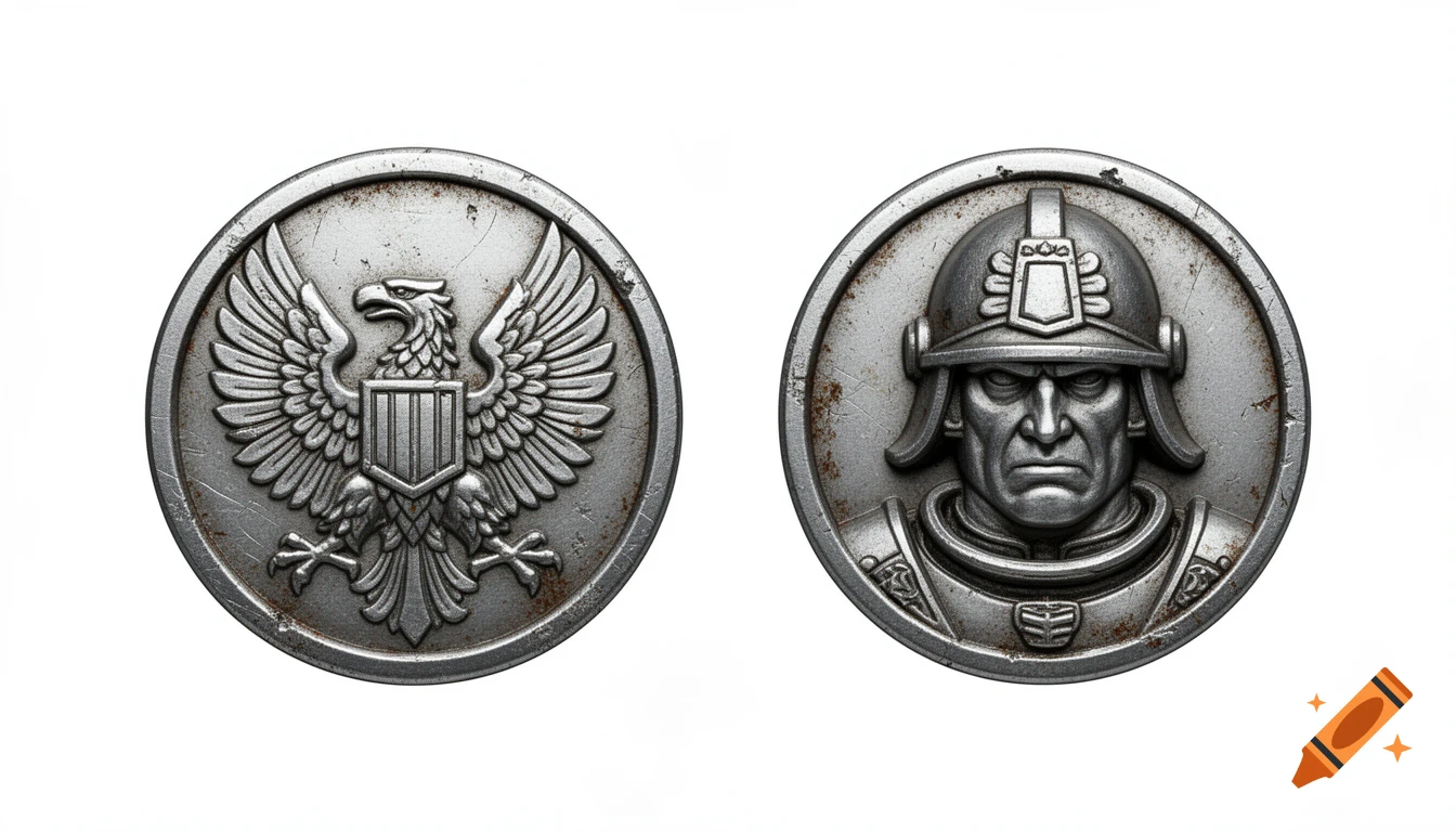 Two aged silver medals on white, one depicting an eagle clutching a shield, the other a stern man in a military helmet.
