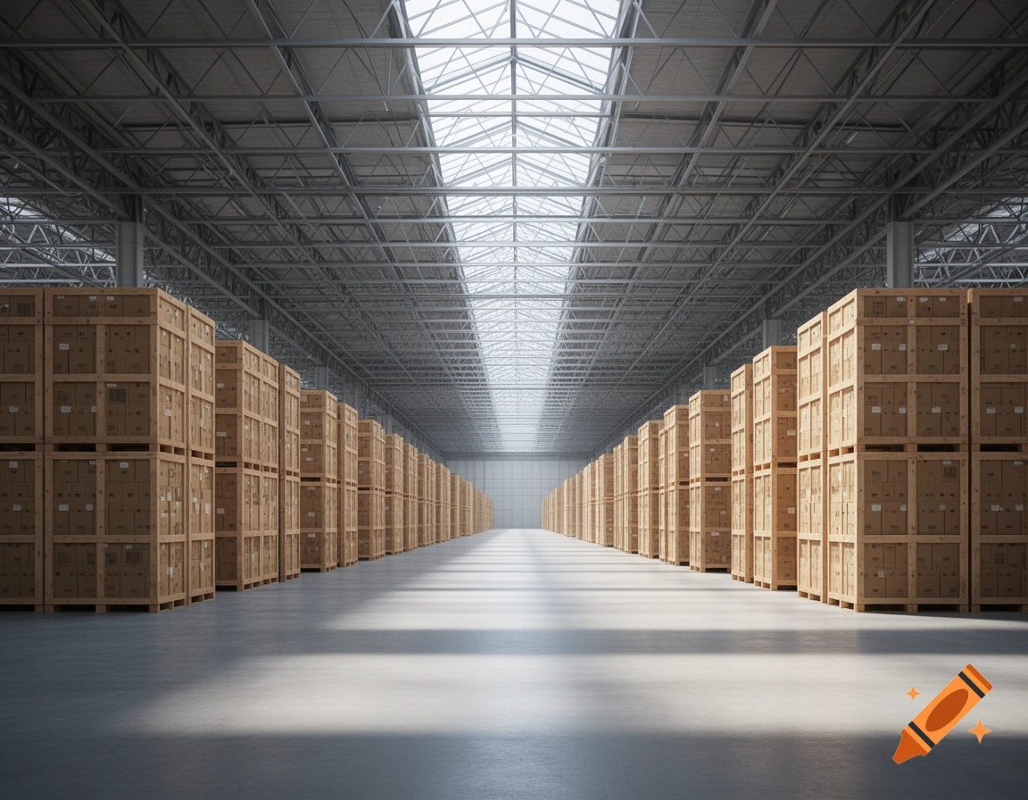 Photorealistic interior of a large, empty industrial warehouse with tall rows of stacked wooden crates and boxes.
