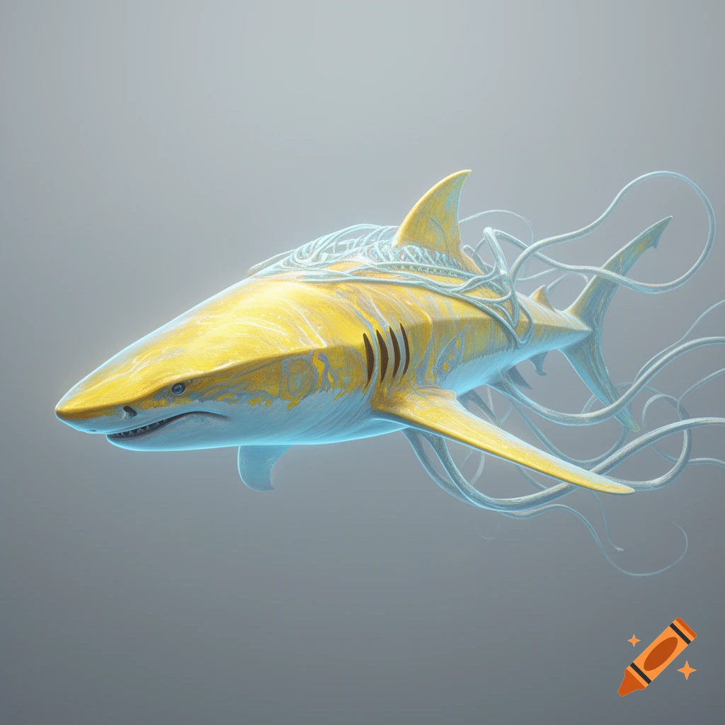 A stylized golden and blue xenomorphic shark with glowing tendrils around its body, swimming against a light gray background.
