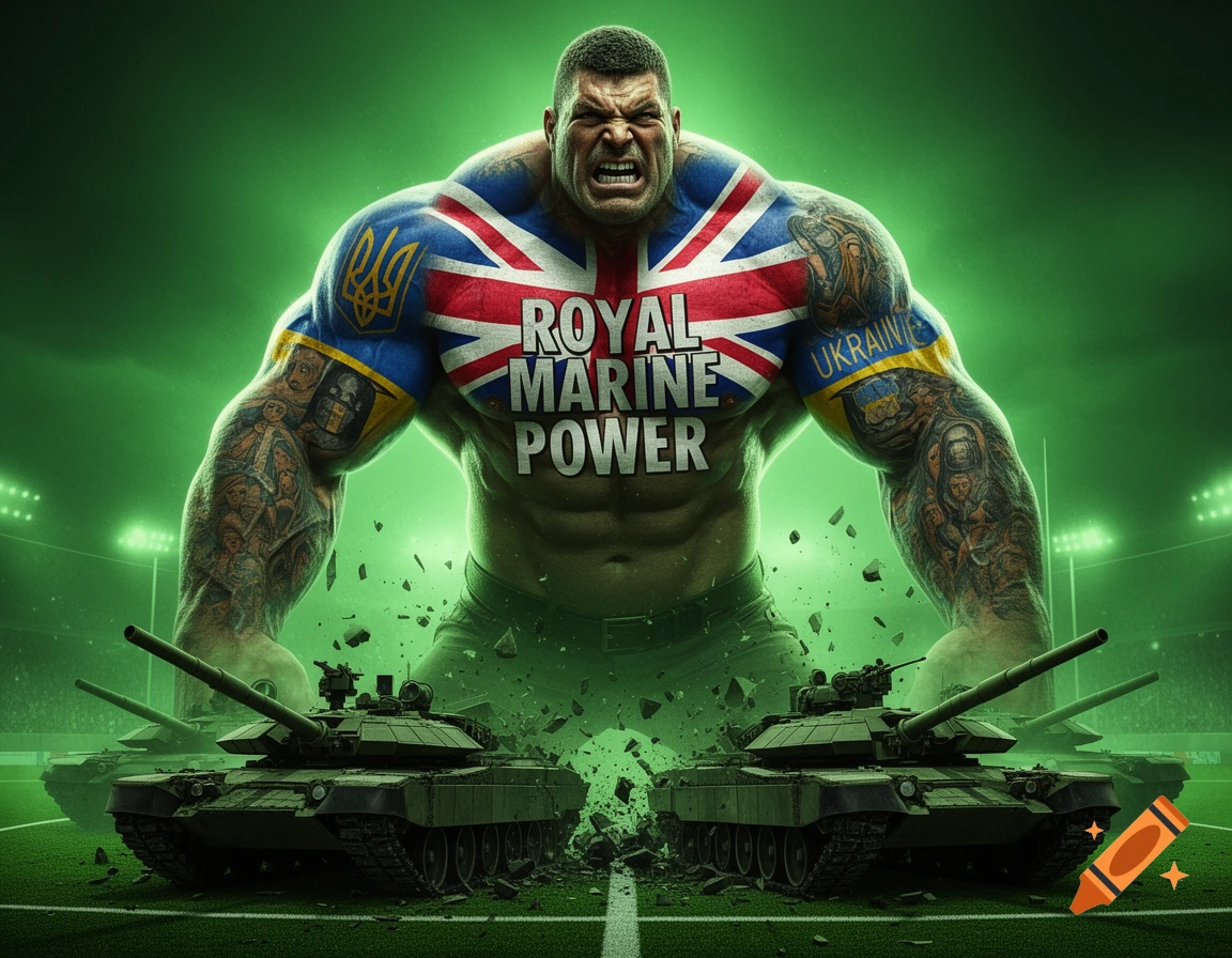 A massive, green-skinned Hulk-like figure with UK and Ukrainian flags painted on his chest and biceps, roaring as tanks break through a football field.