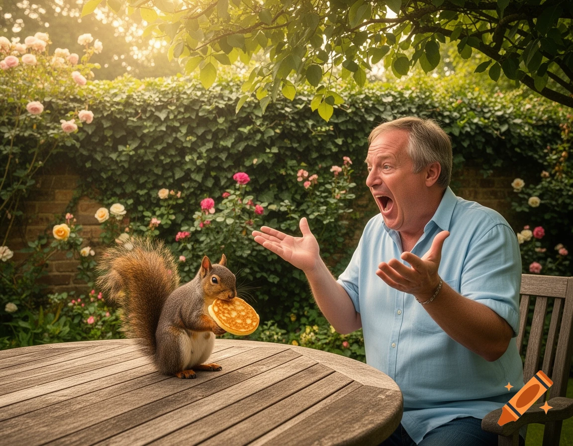 Photorealistic image of a man screaming in shock at a squirrel holding a pancake on a wooden table in an English garden.