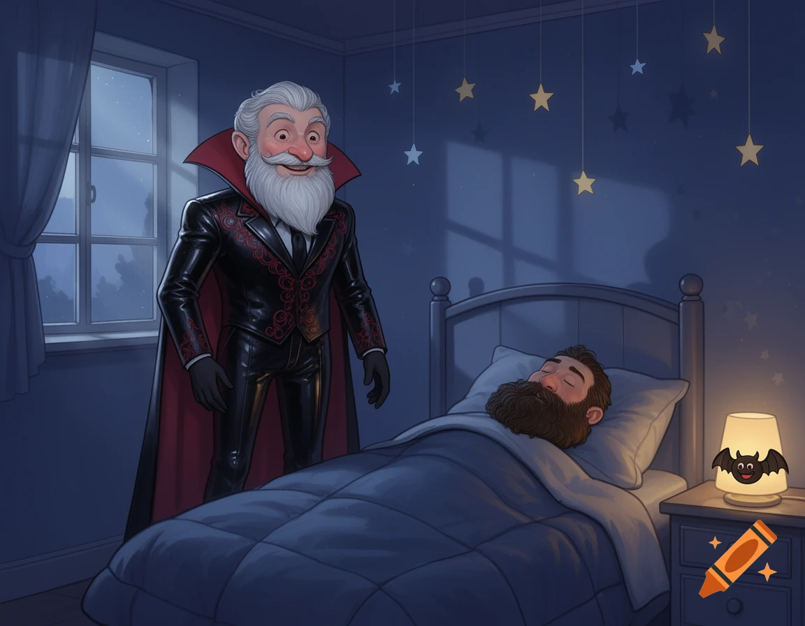 A friendly, bearded vampire in a black leather suit and red cape stands beside a sleeping bearded man in a cozy bedroom at night.