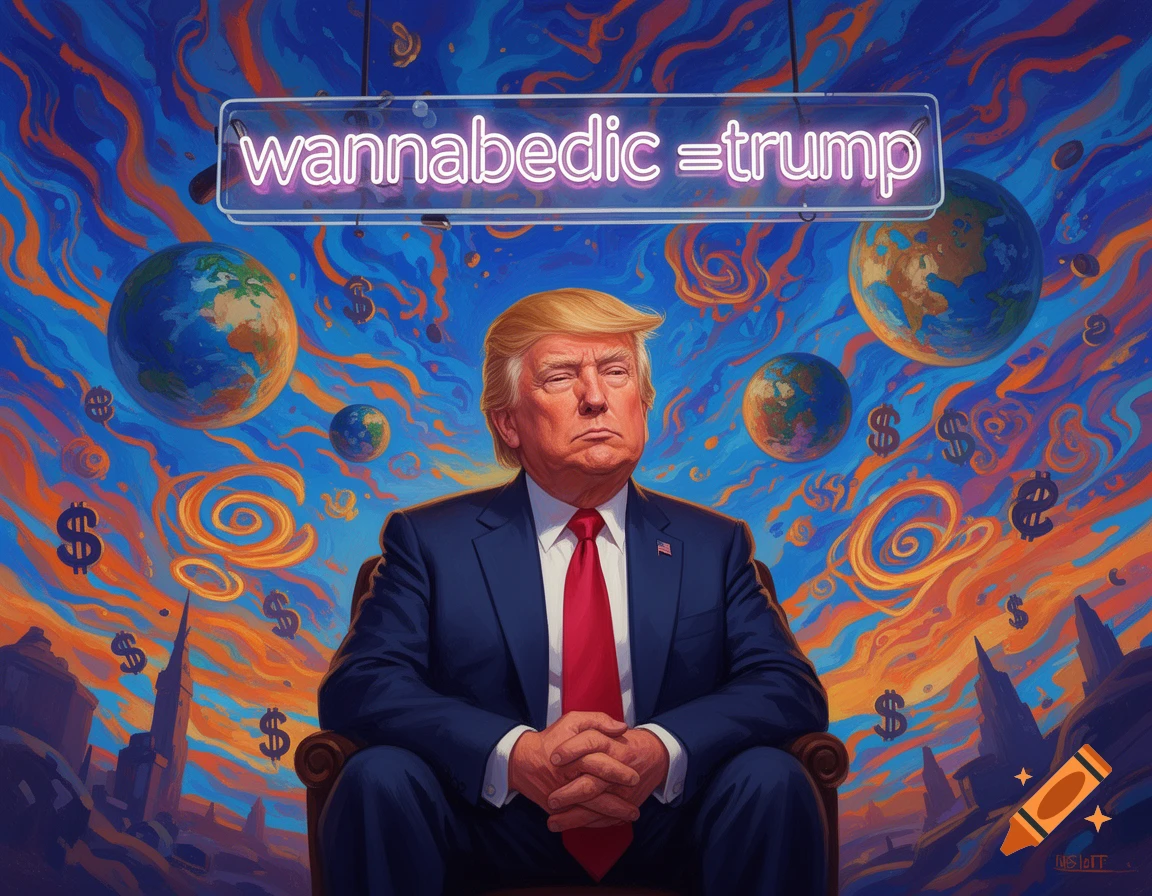 Stylized portrait of Donald Trump seated under a neon 'wannabedic = trump' sign, with swirling skies, floating globes, and dollar signs.