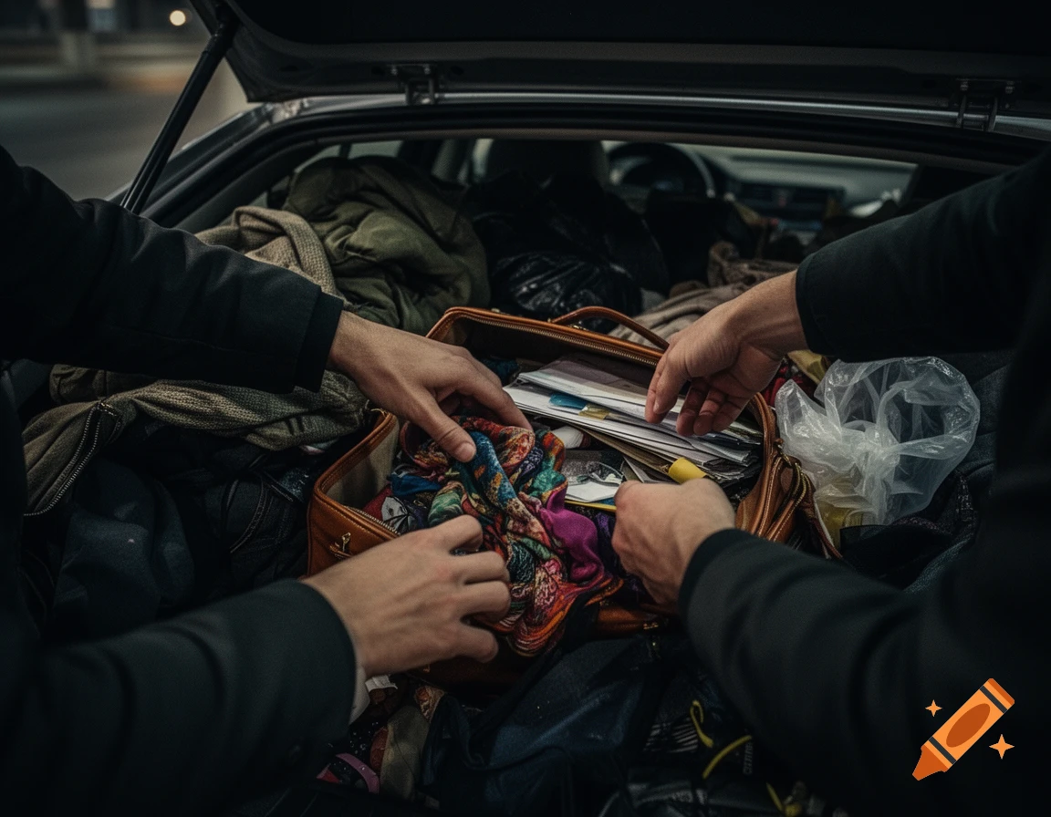 Two people's hands rummaging through a messy car trunk filled with clothes and a partially open bag. Photorealistic.