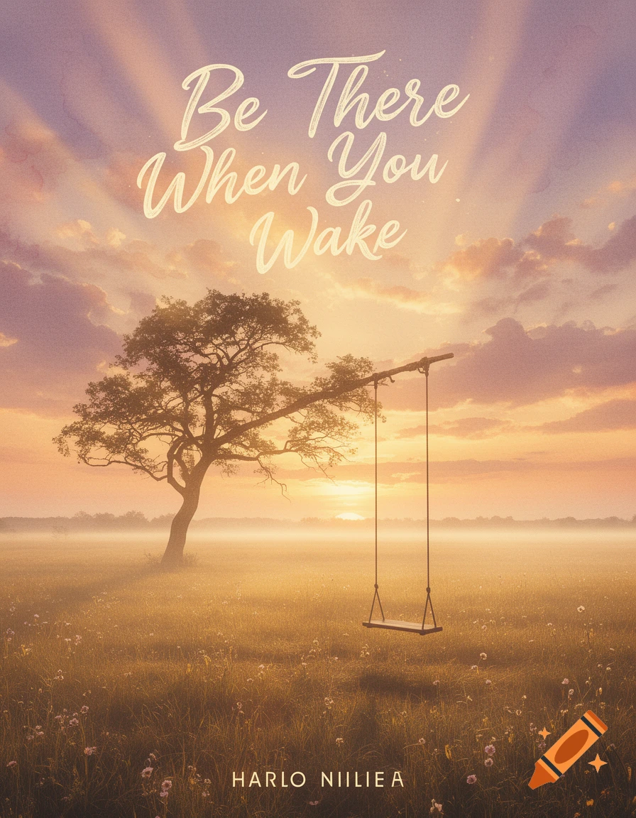 A nostalgic book cover featuring a solitary swing hanging from a tree in a misty field at sunrise, with the title 'Be There When You Wake'.