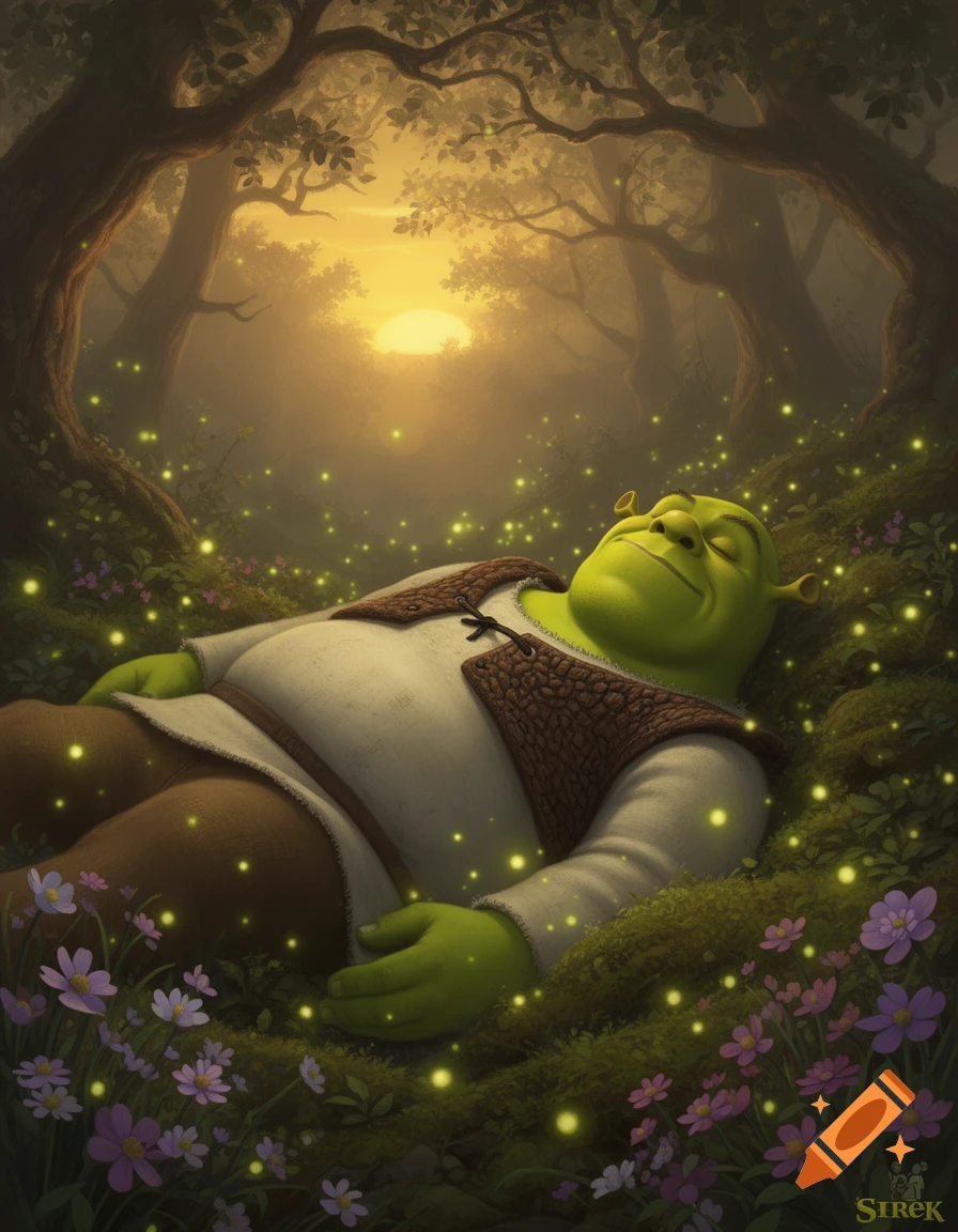Shrek sleeps peacefully amidst purple flowers and glowing fireflies in a magical forest at sunset.
