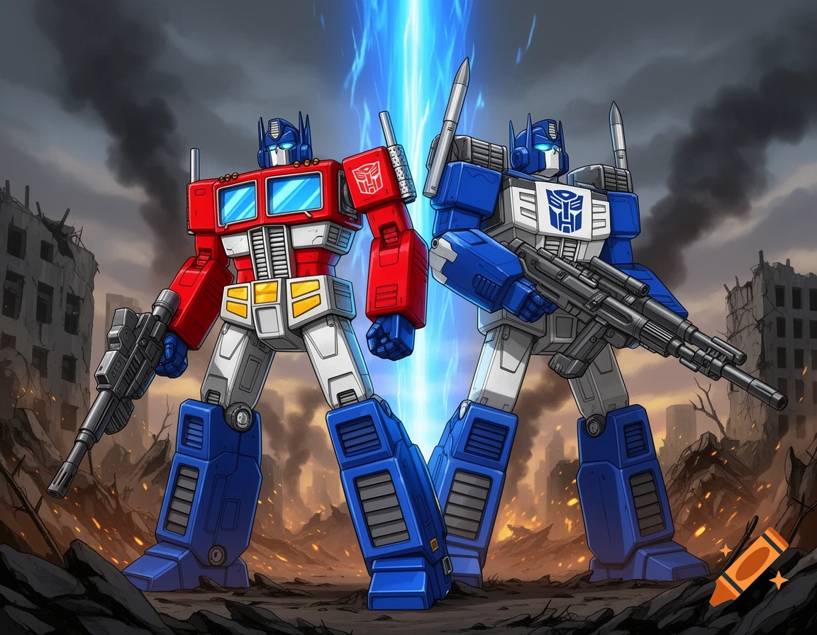 G1 Optimus Prime and Ultra Magnus, holding rifles, stand in a ruined city with a blue energy beam between them. Stylized cartoon art.