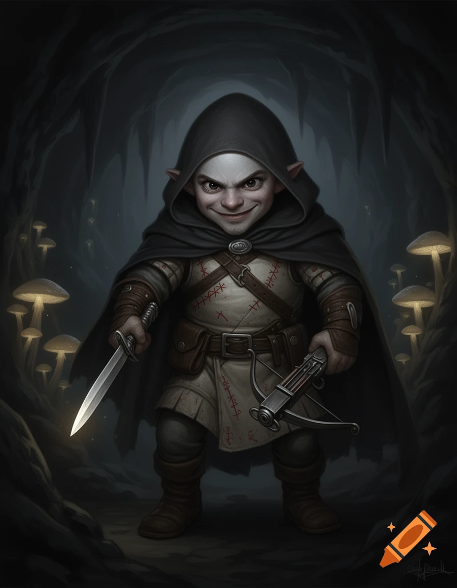 A mischievous deep gnome rogue in a dark hooded cloak, holding a glowing dagger and crossbow in a shadowy cave with glowing mushrooms, fantasy realism style.
