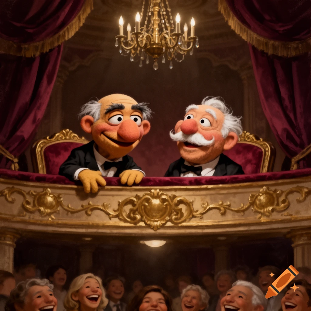 Statler and Waldorf puppets watch from a plush theater box, smiling down at a laughing audience below a grand chandelier.