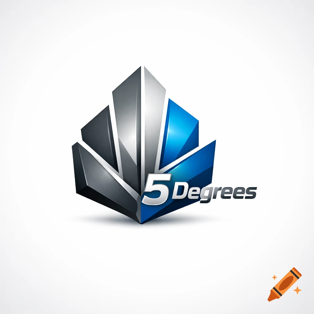 A 3D abstract geometric logo with blue, grey, and silver angular shapes, displaying '5 Degrees' text.