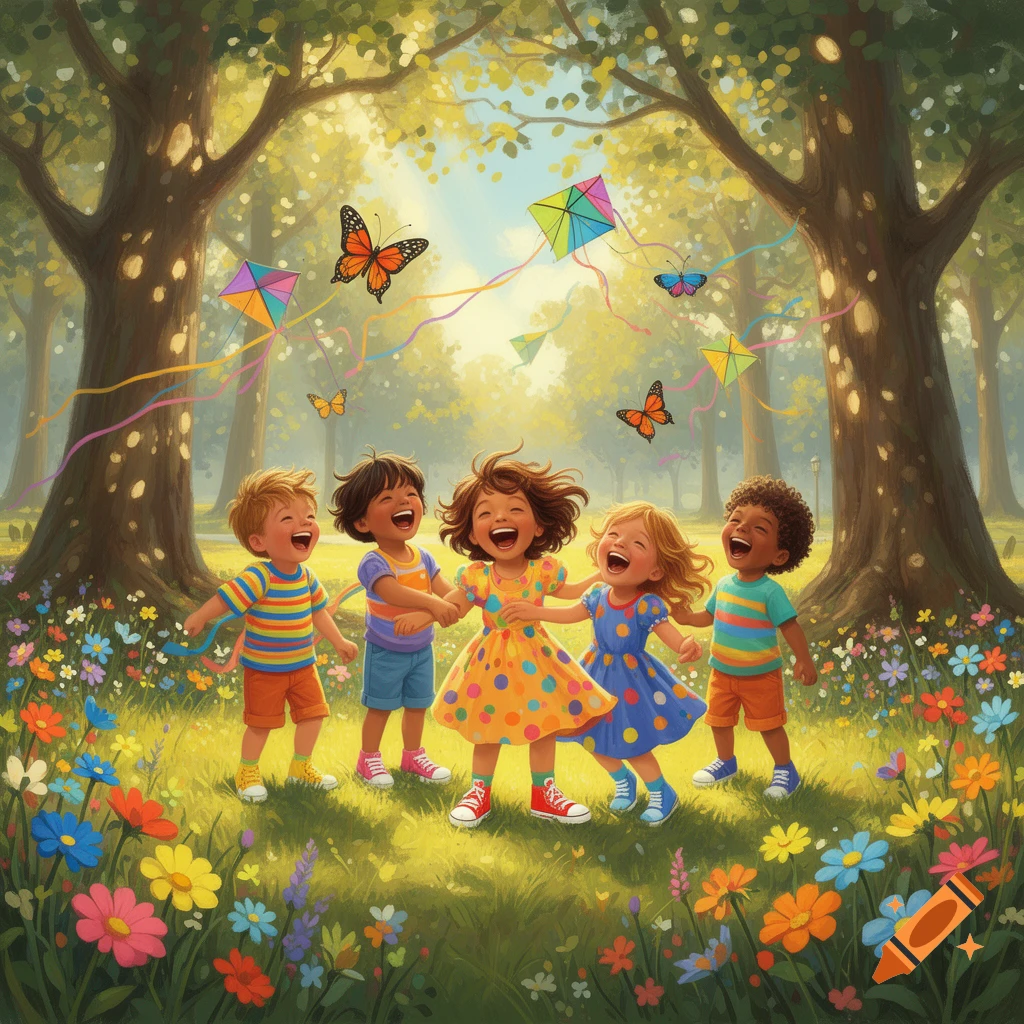 Five diverse children laugh and play in a sunlit park filled with colorful flowers, butterflies, and kites flying overhead.