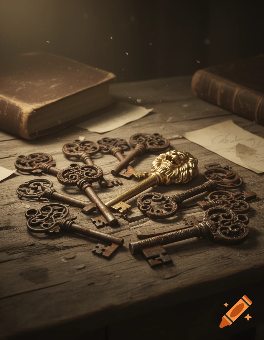 A pile of ornate, antique skeleton keys on a rustic wooden table with old books and papers, lit by a soft glow.