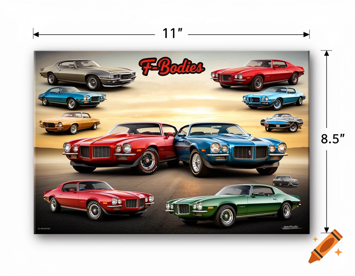A placard titled "F-Bodies" displaying multiple classic American muscle cars, including red, blue, and green Camaros and Firebirds, on a road with a sunset background.