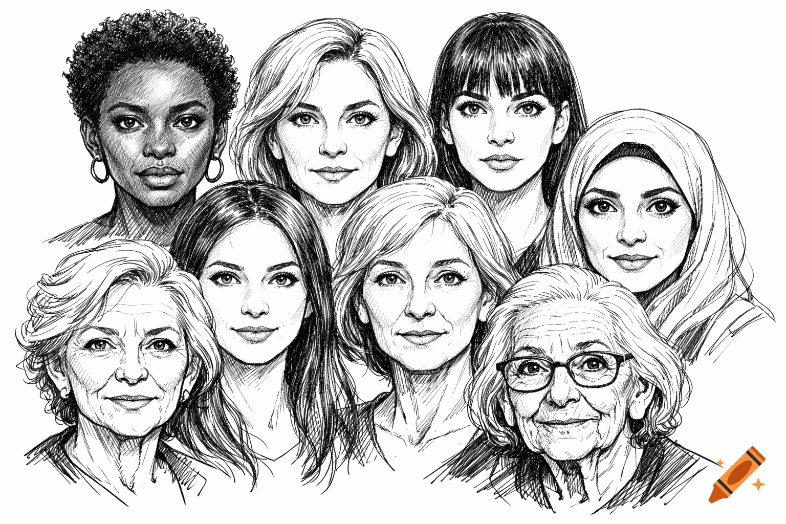 Black and white sketch portraits of eight diverse women of different ages, looking forward.