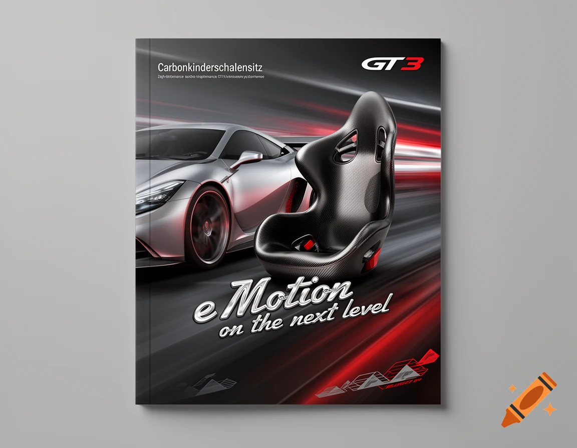 A sleek silver sports car and a carbon fiber racing seat are featured on a dark gray brochure cover with red accents. Text on the cover reads "Carbonkinderschalensitz," "GT3," and "eMotion on the next level."