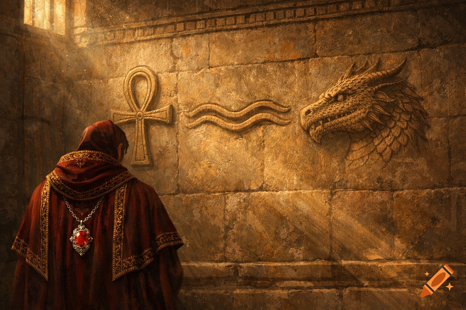 A person in a red, ornate robe with a jewel pendant stands with their back to a stone wall featuring an ankh, wavy symbol, and dragon head carving, lit by sunbeams.