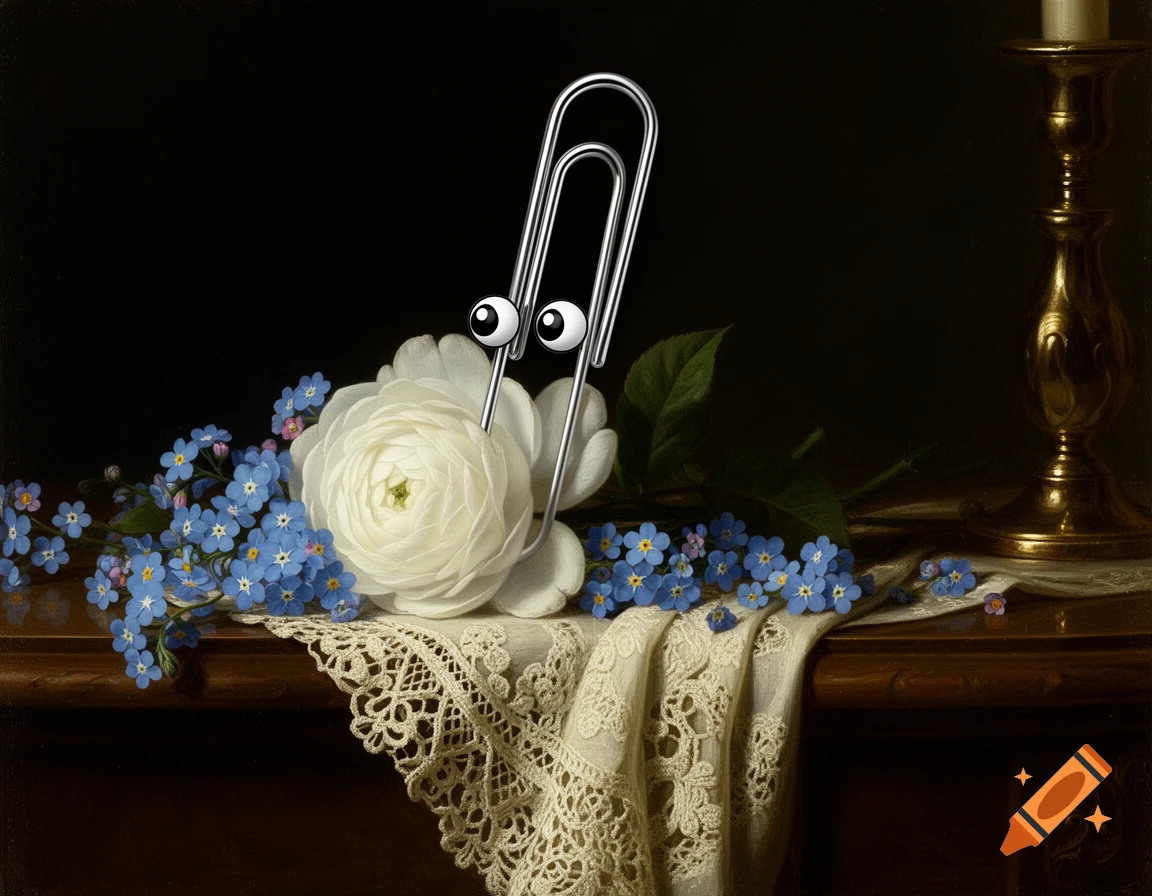 A baroque still life painting with a white rose, blue forget-me-nots, and lace cloth, featuring a cartoonish paperclip with eyes.