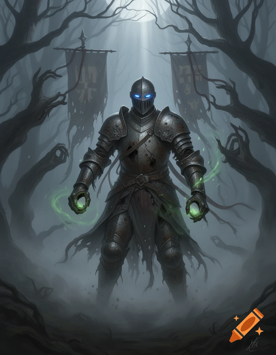 A heavily armored zombie knight with glowing blue eyes and green magic stands in a misty, dark forest with tattered banners.