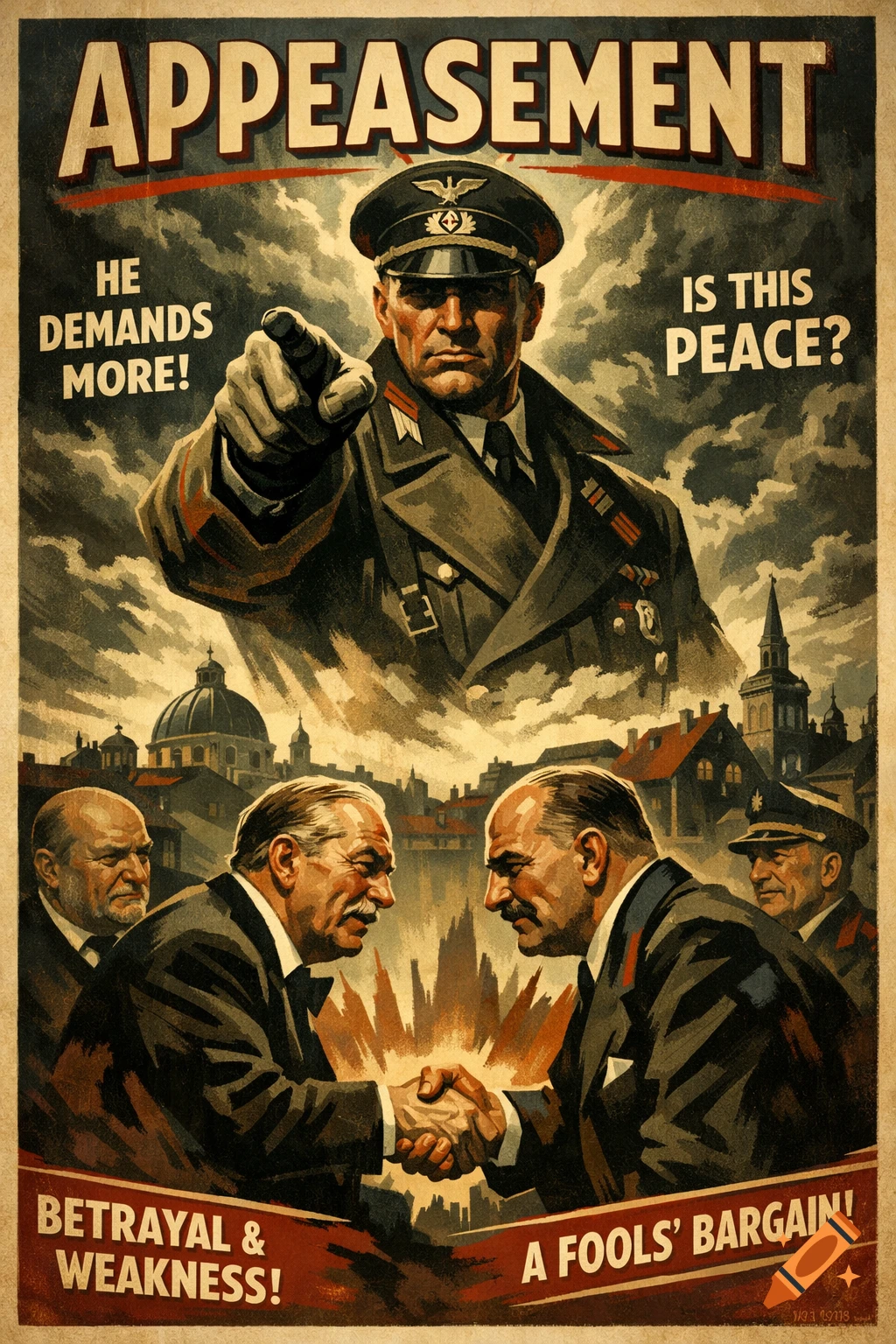 Vintage style propaganda poster depicting a stern military officer pointing, with two men shaking hands below in front of a city, and text about appeasement, betrayal, and a fool's bargain.