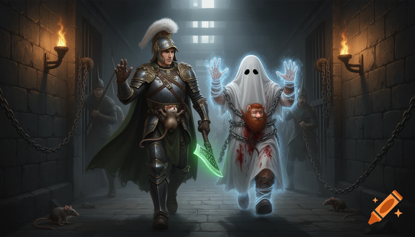 A knight in ornate armor and a ghost-like figure with glowing hands and chains, stained with blood, walk down a dungeon corridor. Two shadowy guards are in the background, with torches lighting the stone walls and rats on the floor. Fantasy art style.