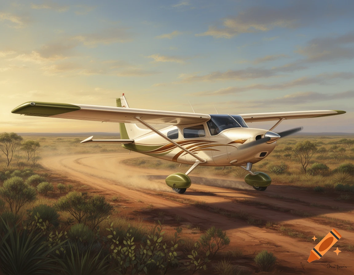 A high-wing light aircraft with ivory, olive, and gold accents on a dirt track in an arid, bushy landscape under a cloudy sky.