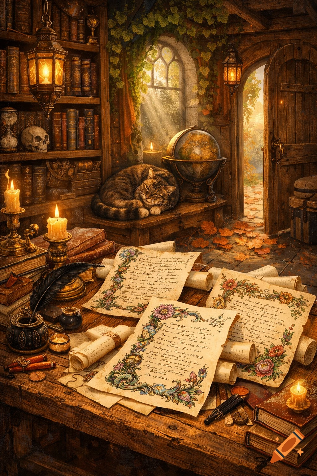 A cozy, magical study with a sleeping tabby cat, antique books, illuminated scrolls on a wooden desk, and warm candlelight.