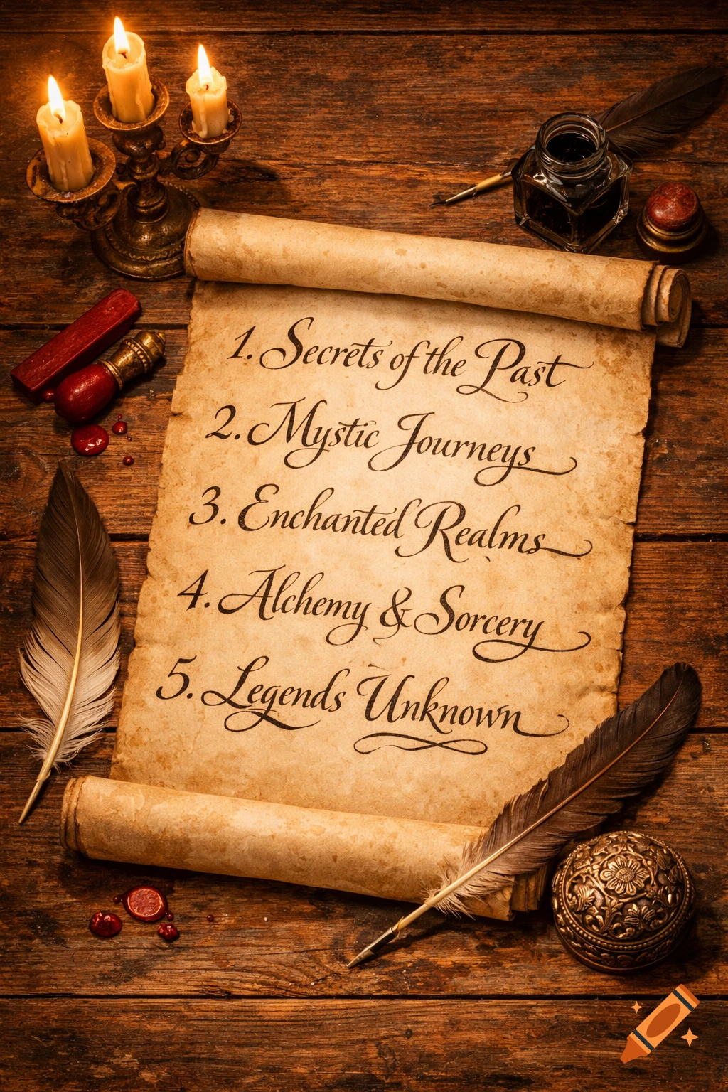 An old parchment scroll displays a handwritten list including "Secrets of the Past" and "Mystic Journeys," surrounded by quill pens, ink, lit candles, and wax seals on a rustic wooden table.