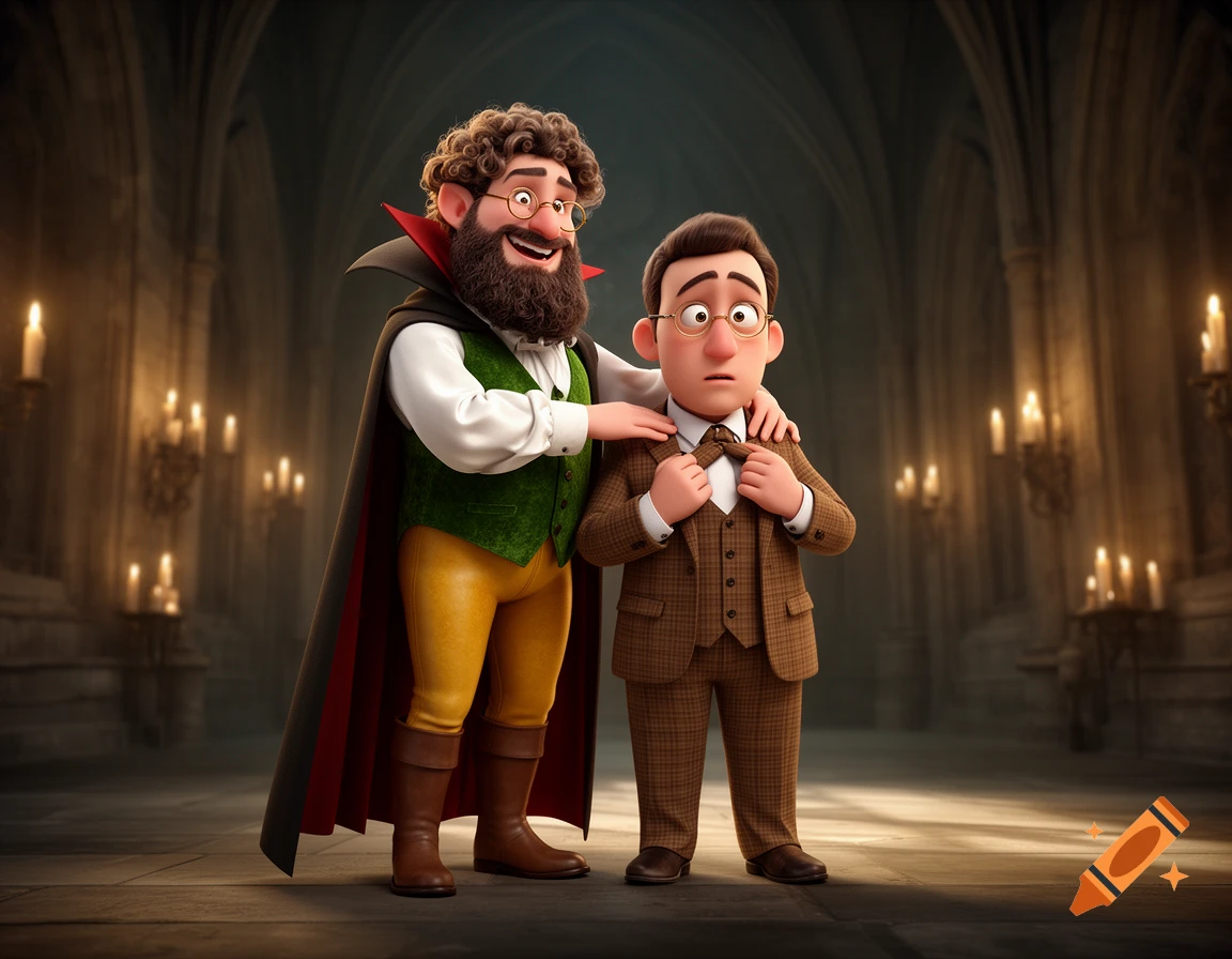 A smiling, bearded vampire in a cape and green vest puts his arm around a scared man in a brown suit, loosening his tie, in a gothic hall.