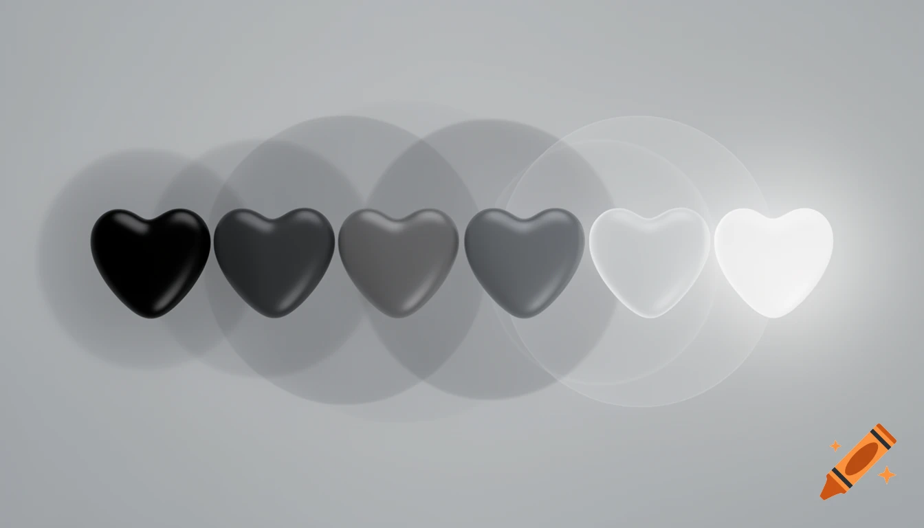 Six glossy heart shapes in a gradient from black to white on a grey background, aligned horizontally.