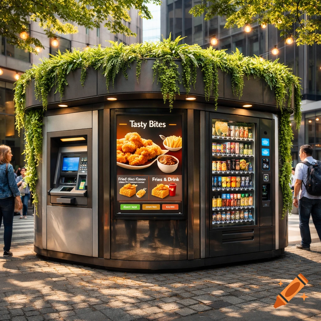 A modern, cuboid urban kiosk with rounded edges, featuring an ATM and vending machines for fried chicken and drinks, topped with integrated green plants. People are visible in the background on a city street.